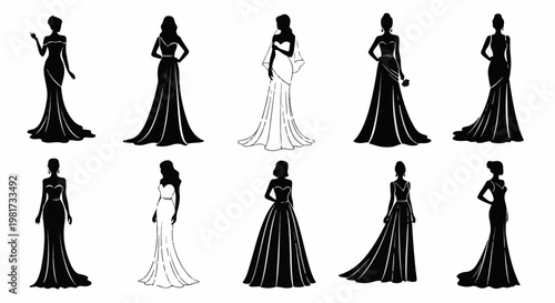 Elegant silhouettes of women in various floor-length gowns
