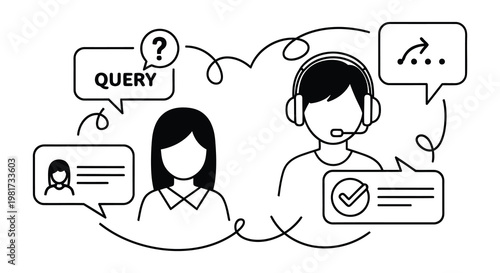 Line art illustrations depicting customer service representatives with technology