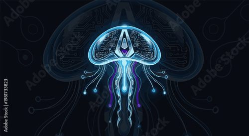 Glowing cybernetic jellyfish with circuitry patterns on dark background