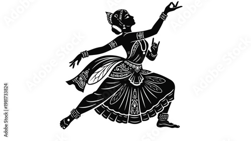 Indian classical dancer silhouette traditional attire graceful mudra cultural heritage Bharatanatyam Odissi vector illustration
