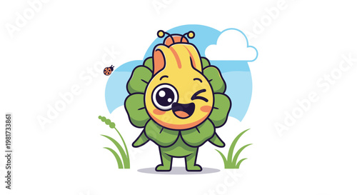 Cute Artichoke Character Winking with Ladybug in Garden