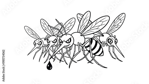 Cartoon mosquitoes group illustration with detailed wings proboscis blood drop insect pest control disease awareness vector design