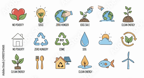 Hand-drawn icons illustrating global sustainability and clean energy goals