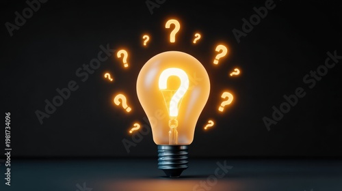 Glowing Light Bulb with Floating Question Marks Symbolizing Inquiry and Curiosity in Dark Background