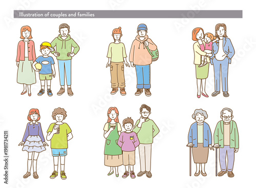 ナチュラルカラーでシンプルな家族やカップルのイラストセット