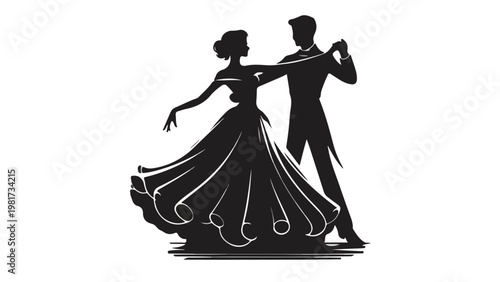 Elegant ballroom dancers silhouette waltz couple in flowing dress formal attire graceful movement cultural performance vector design