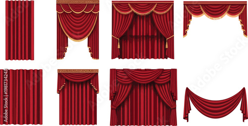 Red theater curtain collection with stage drapes and luxury fabric folds, classic opera backdrop set for performance and event decoration design