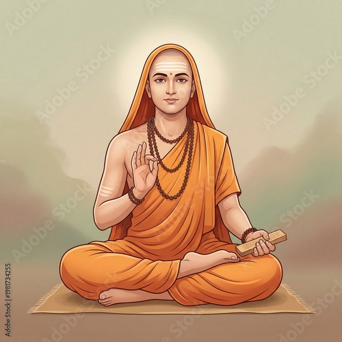Adi Shankaracharya watercolor illustration.