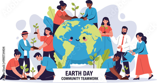 Diverse group of people planting trees and caring for the environment around a smiling Earth globe, celebrating Earth Day and community teamwork.