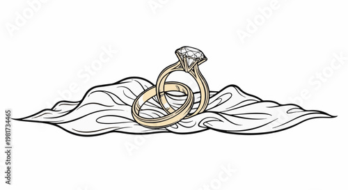 Gold engagement and wedding rings resting on decorative white flowing fabric