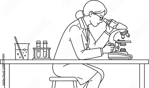 Scientist using microscope in laboratory line art illustration, medical research experiment, biology analysis and scientific discovery concept minimal outline design