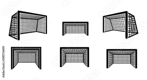 Multiple perspectives of a black soccer goal on a white background
