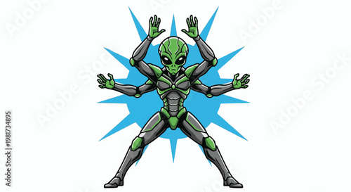 Green extraterrestrial creature with multiple arms and cybernetic implants