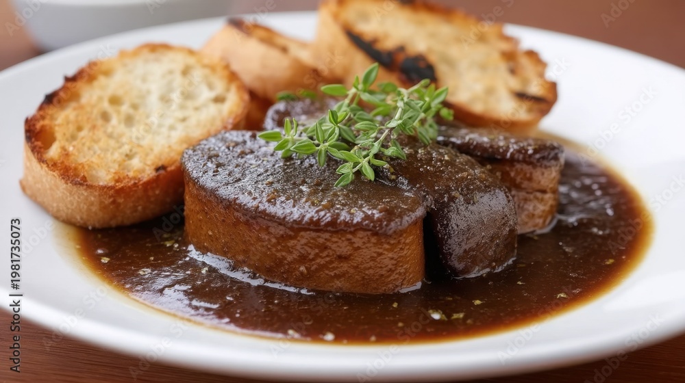 Fototapeta premium Dark and Shiny Foie Dish Served with Toast and Garnish on a Plate
