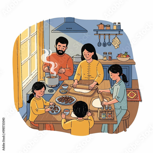 Family cooking together in a kitchen with a father, mother, and children preparing food
