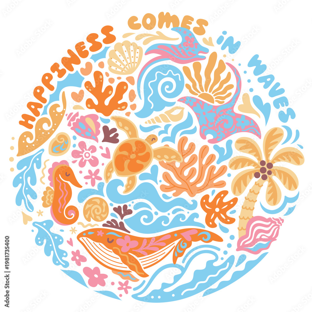 Fototapeta premium Happiness comes in waves circle print with tropical summer vibe. Vector illustration