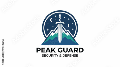 This image features a bold mountain logo with a sword, representing strength and protection, ideal for branding companies in the security and defense sectors.