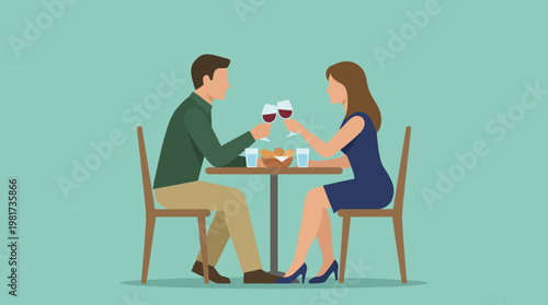 This image captures a romantic dinner setting where a couple is toasting with wine glasses, creating an intimate ambiance filled with love and connection.
