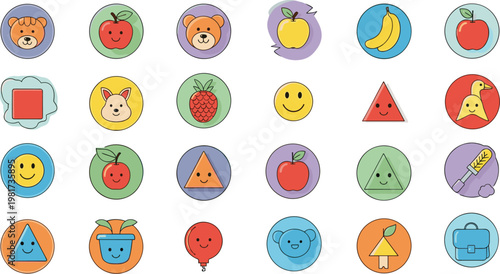 Cute emoji style icon collection with fruits animals and faces, colorful round cartoon symbols set for kids apps and playful design