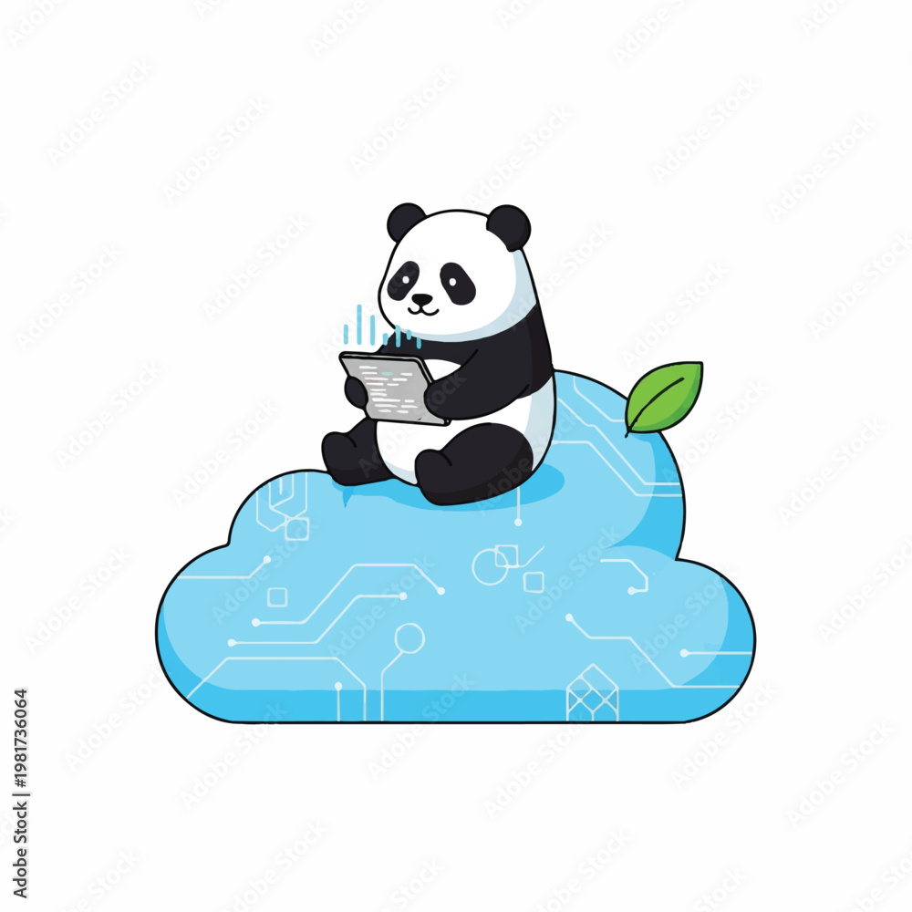 Fototapeta premium A panda bear sitting on a cloud eating a bowl of food with a green leaf