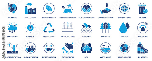 Environment Icon Set. Containing icon environment, climate, pollution, biodiversity, deforestation, sustainability, conservation, ecosystems, waste and more. Flat Blue Style Icon Vector Illustration.