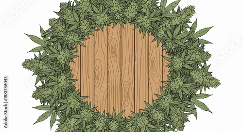 Green cannabis buds and leaves forming a border around a rustic wooden background