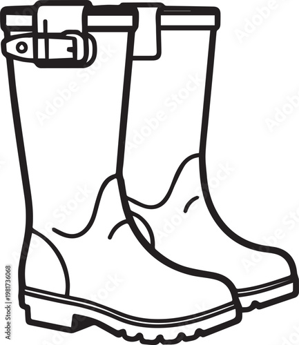 Rain boots are depicted in black and white illustration, suitable for outdoor exploration during rainy weather.