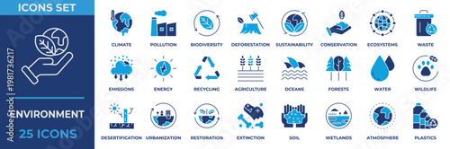 Environment Flat Blue Icon Collection Set. Containing environment, climate, pollution, biodiversity, deforestation, sustainability, conservation, ecosystems, waste and more. Solid Vector Illustration.