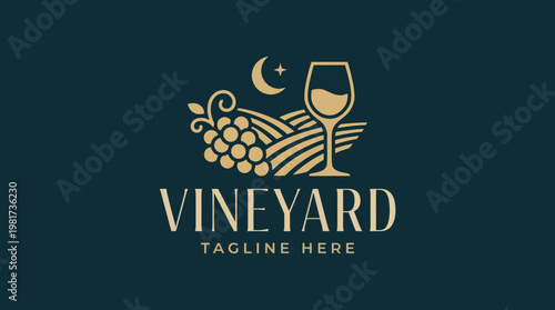 A classic and elegant logo design featuring grapes and a glass of wine under the moonlight, representing the charm of vineyards and wine culture.
