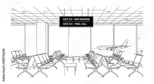 Airport self service kiosks and terminal interior illustrations in black and white
