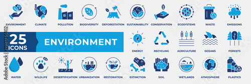 Environment icons set collection. Containing environment, climate, pollution, biodiversity, deforestation, sustainability, conservation, ecosystems and waste icon. Simple Flat Blue Vector Illustration
