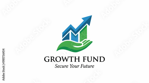 An impactful logo for Growth Fund, showcasing an upward arrow and a supportive hand design, symbolizing financial growth and future security for investors and clients.