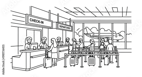 Airport self service kiosks and terminal interior illustrations in black and white