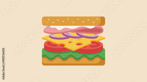 A colorful illustration of a delicious sandwich, featuring layers of fresh ingredients like lettuce, cheese, and meats, symbolizing culinary delight and comfort food bliss.