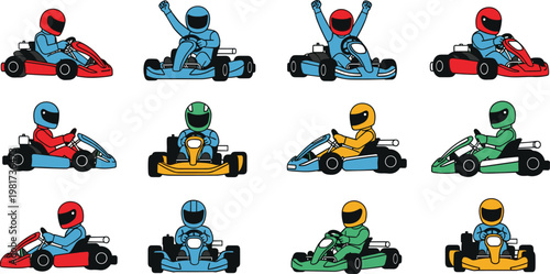 Go kart racing driver collection with different poses and colorful karts, motorsport cartoon characters set for competition and speed illustration