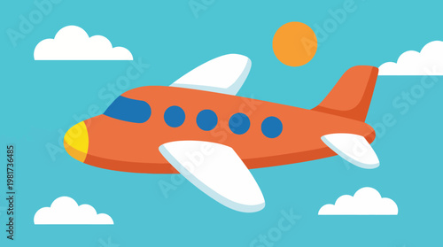 A vibrant orange airplane glides smoothly through a bright blue sky adorned with fluffy white clouds, capturing a sense of adventure and travel inspiration.