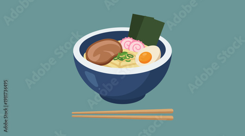 This appetizing illustration showcases a bowl of ramen filled with various toppings, representing a beloved culinary tradition and inviting viewers to savor the flavors.
