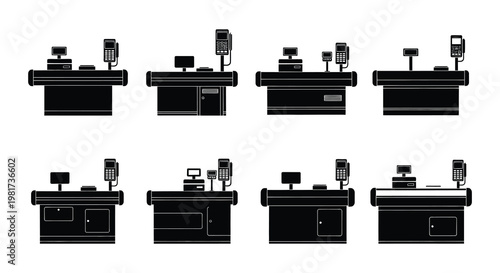 Black and white illustrations depicting various retail checkout counter setups
