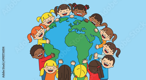 Diverse happy children from around the world embracing a blue and green globe, symbolizing global unity and peace.