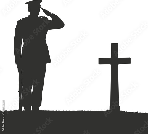 Silhouette of a soldier saluting a grave with a cross