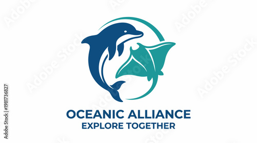 Oceanic Alliance logo artfully depicts a dolphin and manta ray together in harmony, emphasizing exploration, cooperation, and the wonders of marine life on the planet.