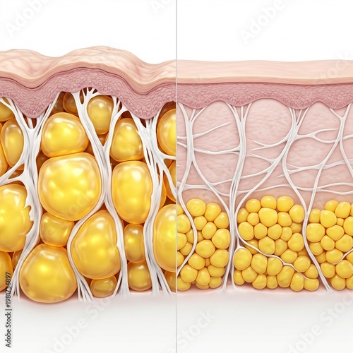 Detailed 3D Render of Skin Layers with Cellulite and Smooth Skin Comparison