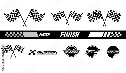 Race motorsport vector bundle with start finish flags stripes and logo graphics