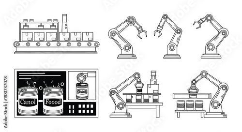 Automated factory line with robotic arms conveyor belts and canned goods