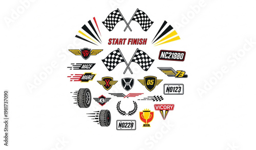 Checkered racing flag collection with motorsport logos stripes and race graphics