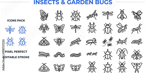 Garden insects bugs pest control outline vector icon set