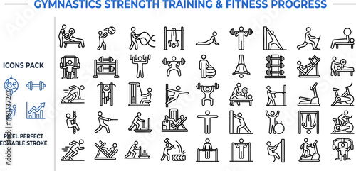 Strength training bodybuilding weightlifting gym outline vector icon set