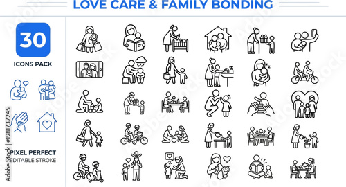 Family bonding love relationship grandparents outline vector icon set