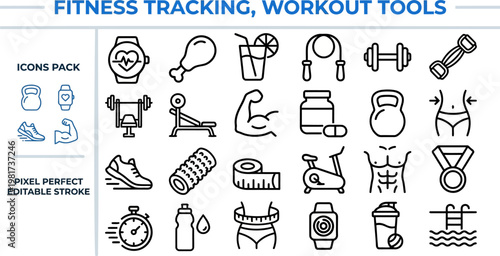 Fitness tracking healthy diet workout equipment outline vector icons