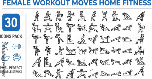 Home workout stretching aerobics yoga outline vector icon set